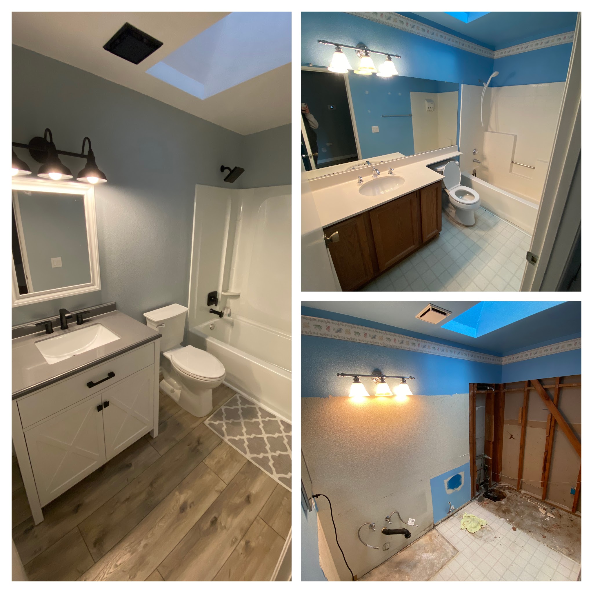 New vanity, light fixture, toilet, shower fixtures, and prefab tub and surround install